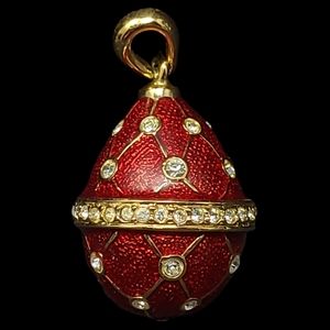 GOLD TONE, RED ENAMEL CLEAR CRYSTALS EGG SHAPED PENDANT "PENDANT ONLY"